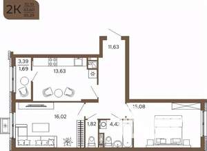 2-к квартира, вторичка, 65м2, 12/17 этаж