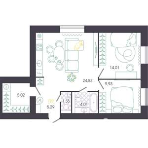 2-к квартира, вторичка, 65м2, 1/16 этаж