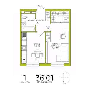 1-к квартира, строящийся дом, 36м2, 6/18 этаж