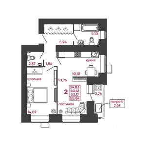 2-к квартира, вторичка, 56м2, 1/17 этаж