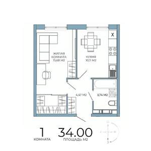 1-к квартира, строящийся дом, 34м2, 5/18 этаж