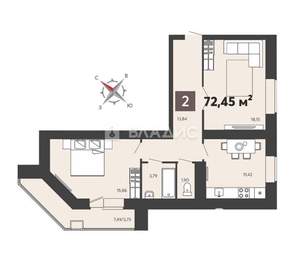 2-к квартира, вторичка, 72м2, 8/17 этаж