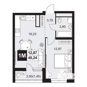 2-к квартира, вторичка, 40м2, 1/20 этаж