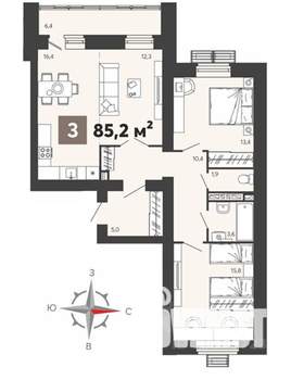 3-к квартира, вторичка, 85м2, 7/16 этаж