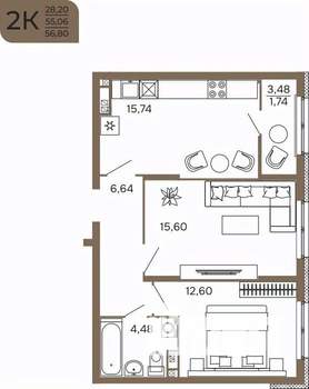 2-к квартира, вторичка, 57м2, 2/17 этаж