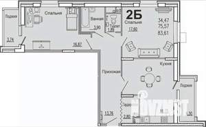 2-к квартира, вторичка, 84м2, 2/15 этаж
