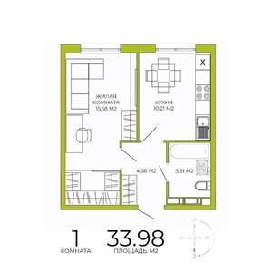 1-к квартира, строящийся дом, 34м2, 7/18 этаж