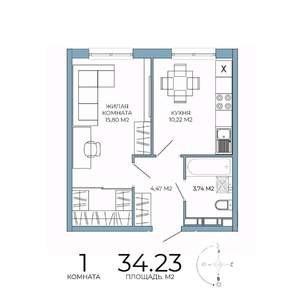 1-к квартира, строящийся дом, 34м2, 13/18 этаж