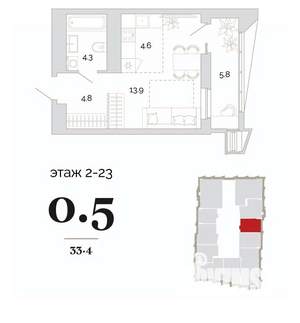 1-к квартира, вторичка, 33м2, 23/24 этаж