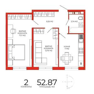 2-к квартира, строящийся дом, 53м2, 5/18 этаж