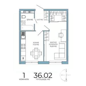 1-к квартира, строящийся дом, 36м2, 11/18 этаж