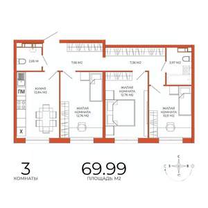 3-к квартира, строящийся дом, 70м2, 3/18 этаж