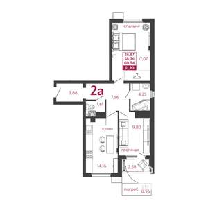 2-к квартира, вторичка, 62м2, 1/5 этаж