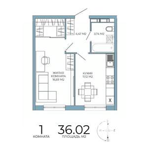 1-к квартира, строящийся дом, 36м2, 13/18 этаж