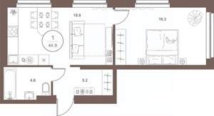1-к квартира, вторичка, 45м2, 6/16 этаж