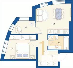 1-к квартира, вторичка, 44м2, 2/16 этаж