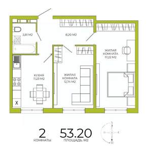 2-к квартира, строящийся дом, 53м2, 7/18 этаж