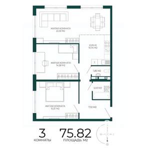 3-к квартира, строящийся дом, 76м2, 17/17 этаж