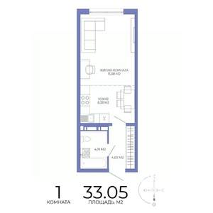 1-к квартира, строящийся дом, 33м2, 3/17 этаж