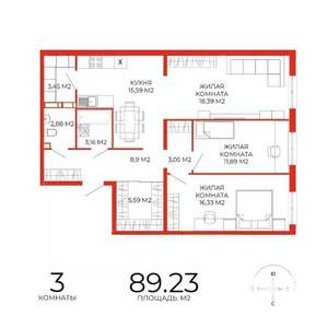 3-к квартира, строящийся дом, 89м2, 3/18 этаж