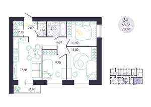 3-к квартира, вторичка, 70м2, 14/16 этаж