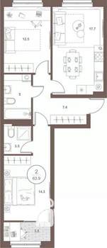 2-к квартира, вторичка, 64м2, 4/16 этаж