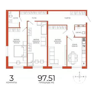 3-к квартира, строящийся дом, 98м2, 12/18 этаж