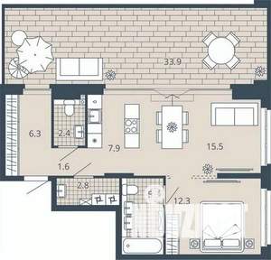 1-к квартира, вторичка, 69м2, 22/23 этаж