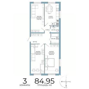 3-к квартира, строящийся дом, 85м2, 13/18 этаж