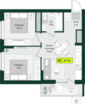 1-к квартира, строящийся дом, 47м2, 7/16 этаж
