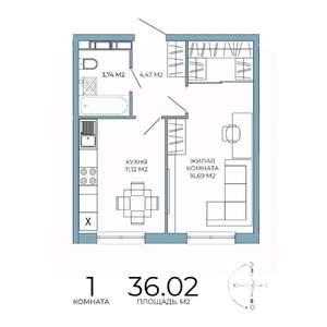 1-к квартира, строящийся дом, 36м2, 11/18 этаж