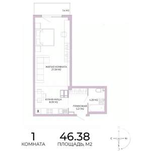 1-к квартира, строящийся дом, 46м2, 17/17 этаж