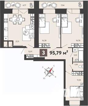 3-к квартира, вторичка, 96м2, 1/16 этаж