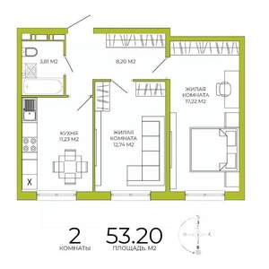 2-к квартира, строящийся дом, 53м2, 13/18 этаж