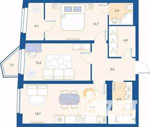 2-к квартира, вторичка, 69м2, 5/16 этаж
