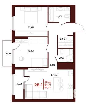 2-к квартира, вторичка, 66м2, 13/18 этаж