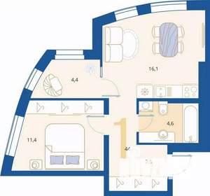 1-к квартира, вторичка, 44м2, 2/16 этаж