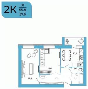 2-к квартира, вторичка, 58м2, 1/10 этаж