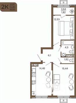 2-к квартира, вторичка, 57м2, 11/17 этаж