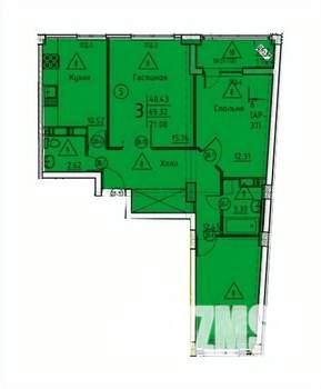 3-к квартира, строящийся дом, 71м2, 2/18 этаж
