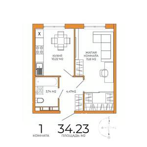1-к квартира, строящийся дом, 34м2, 12/18 этаж