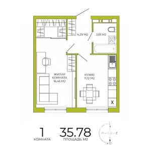 1-к квартира, строящийся дом, 36м2, 5/18 этаж