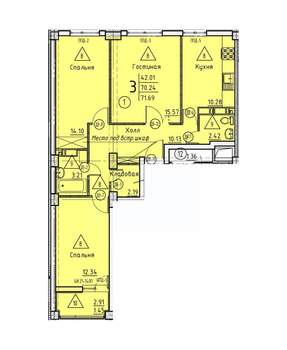 3-к квартира, строящийся дом, 72м2, 2/18 этаж