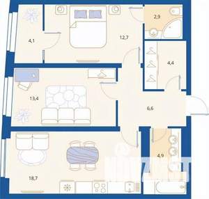 2-к квартира, вторичка, 67м2, 13/16 этаж