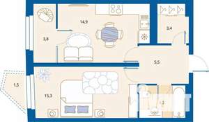 1-к квартира, вторичка, 49м2, 9/16 этаж