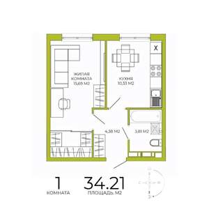 1-к квартира, строящийся дом, 34м2, 8/18 этаж