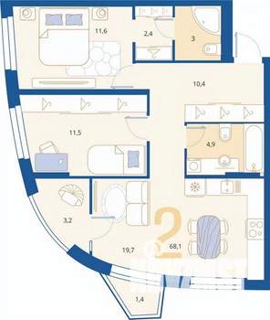 2-к квартира, вторичка, 68м2, 15/16 этаж