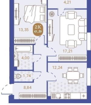 2-к квартира, вторичка, 62м2, 3/4 этаж
