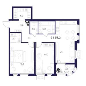 2-к квартира, вторичка, 85м2, 7/16 этаж