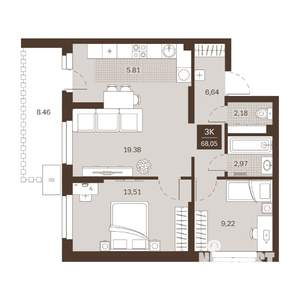 3-к квартира, вторичка, 68м2, 1/22 этаж